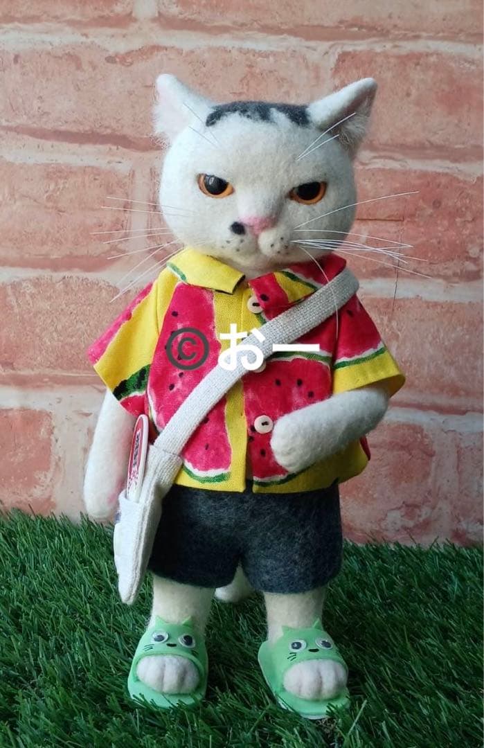 ハンドメイド★羊毛フェルト　夏　ネコ　うちわ　サンダル　麦わら帽子