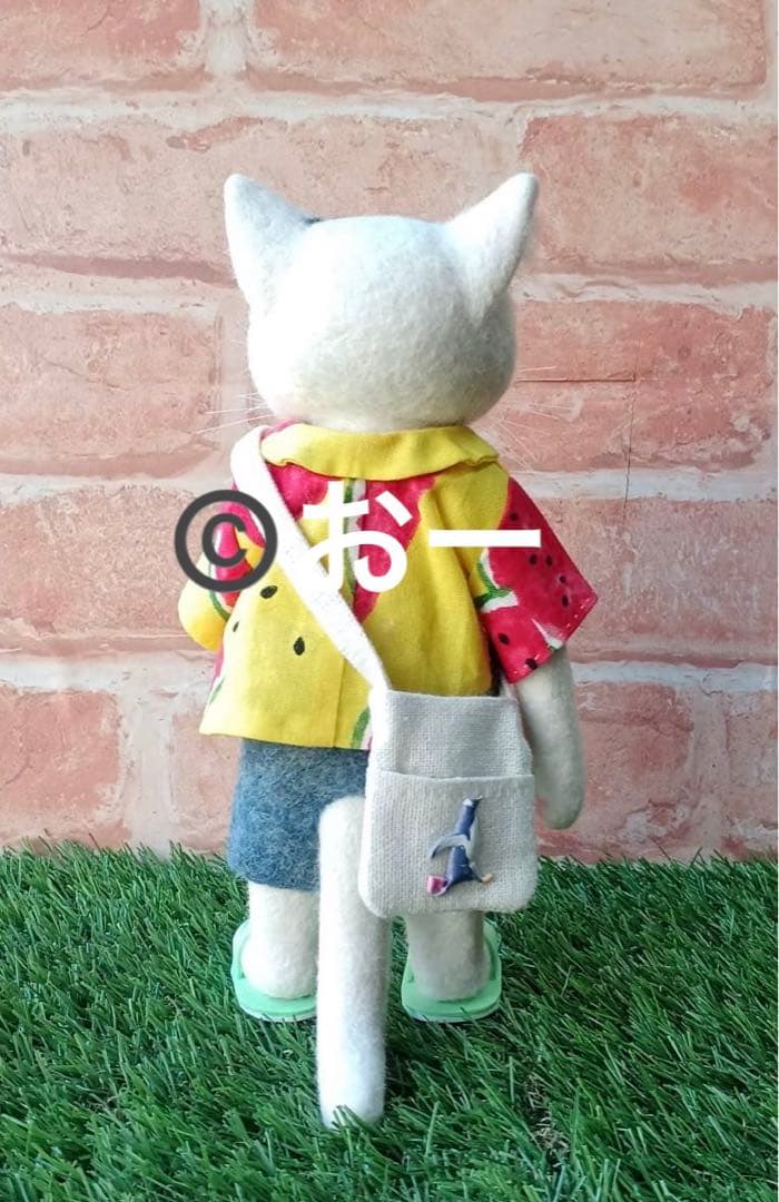 ハンドメイド★羊毛フェルト　夏　ネコ　うちわ　サンダル　麦わら帽子