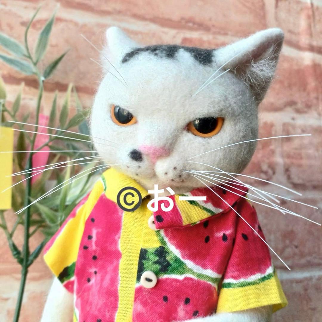 ハンドメイド★羊毛フェルト　夏　ネコ　うちわ　サンダル　麦わら帽子