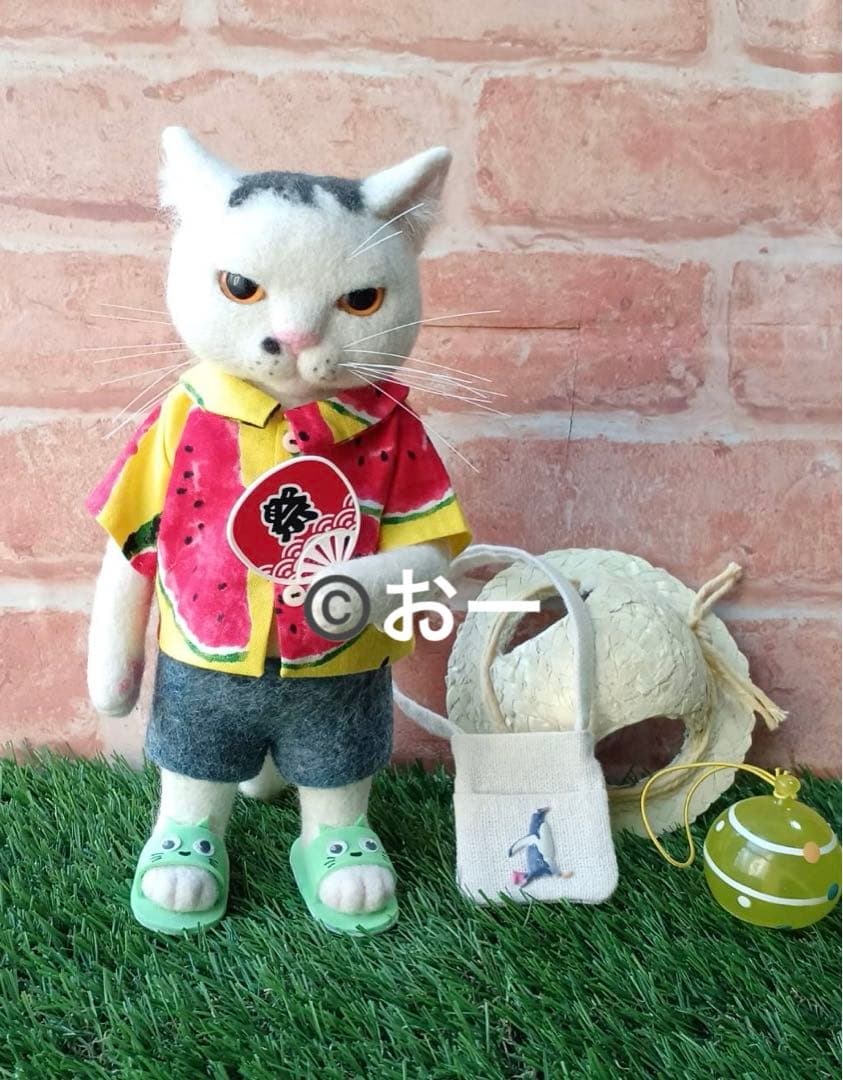 ハンドメイド★羊毛フェルト　夏　ネコ　うちわ　サンダル　麦わら帽子