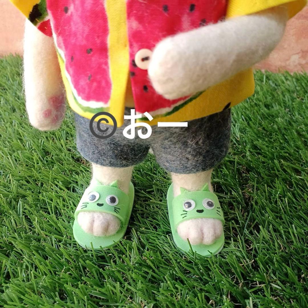 ハンドメイド★羊毛フェルト　夏　ネコ　うちわ　サンダル　麦わら帽子