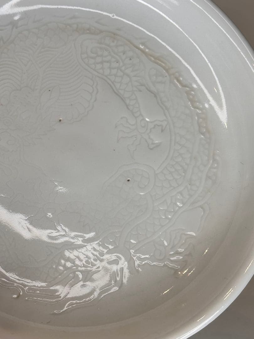 中国 德化窯 暗刻龍文 皿 一対 小傷有り
