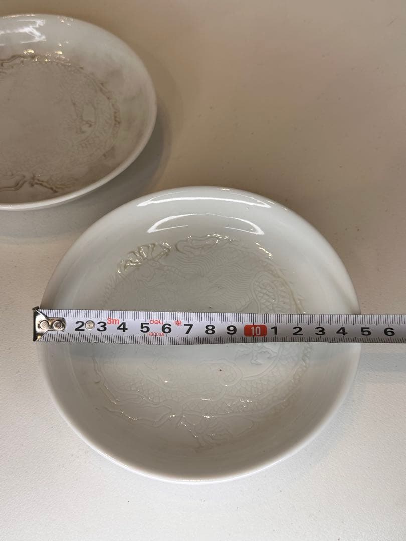 中国 德化窯 暗刻龍文 皿 一対 小傷有り