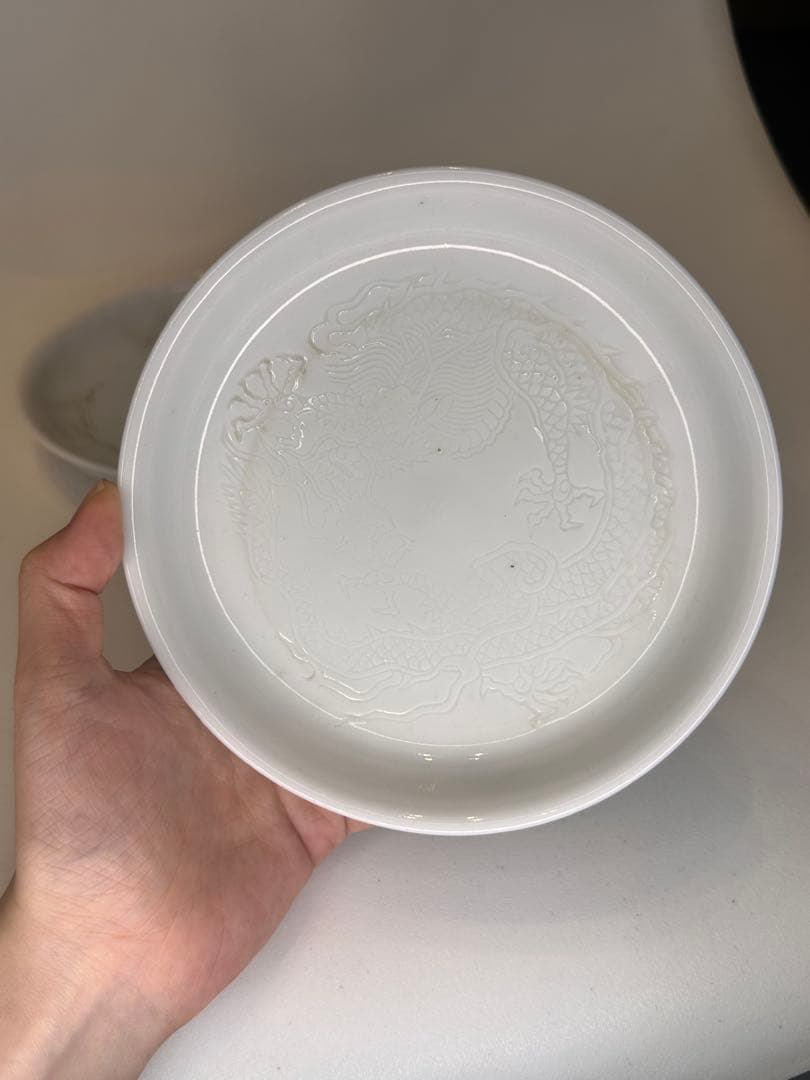 中国 德化窯 暗刻龍文 皿 一対 小傷有り