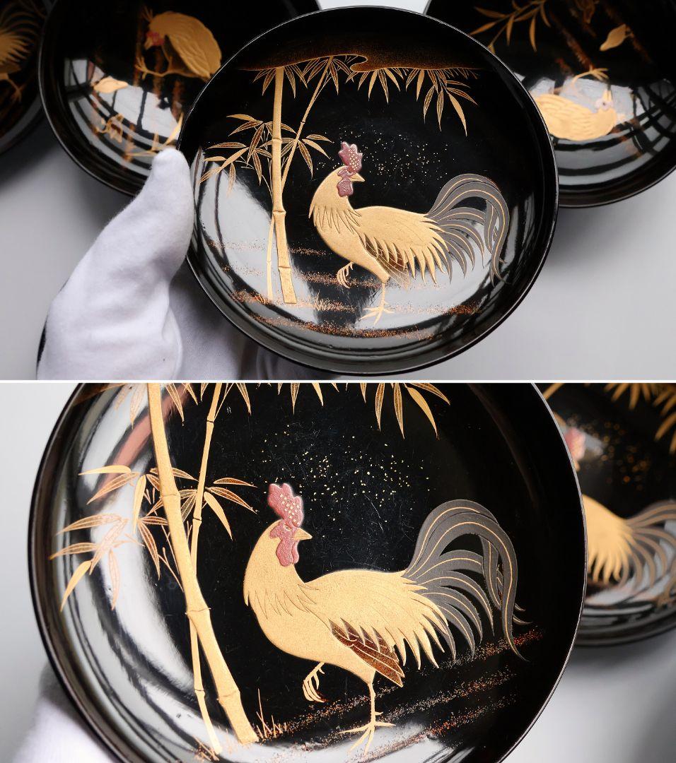 CM353】時代蒔絵椀 竹に鶏金蒔絵 平椀三客 木製 /(検) 輪島塗加賀能登