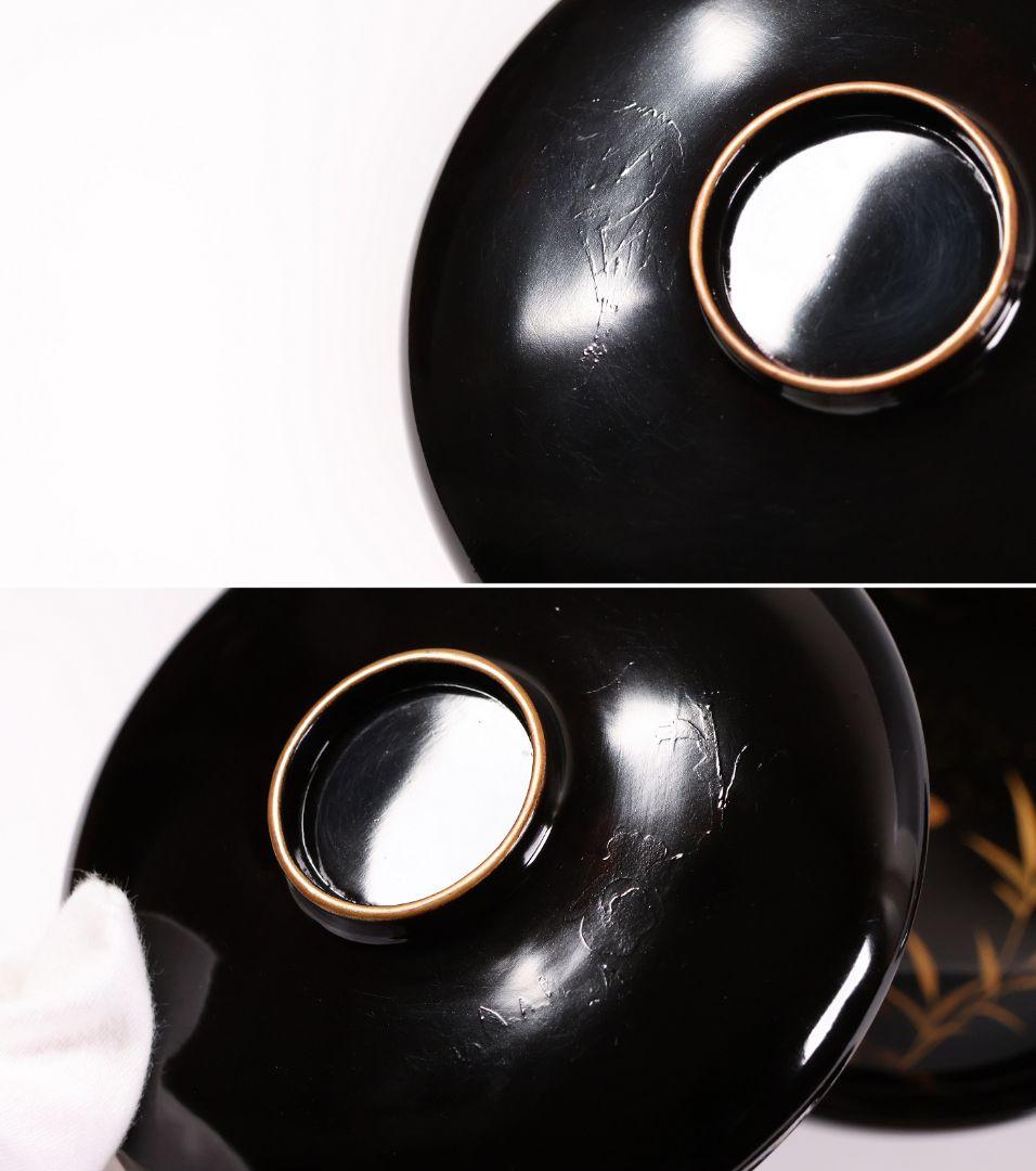 CM353】時代蒔絵椀 竹に鶏金蒔絵 平椀三客 木製 /(検) 輪島塗加賀能登