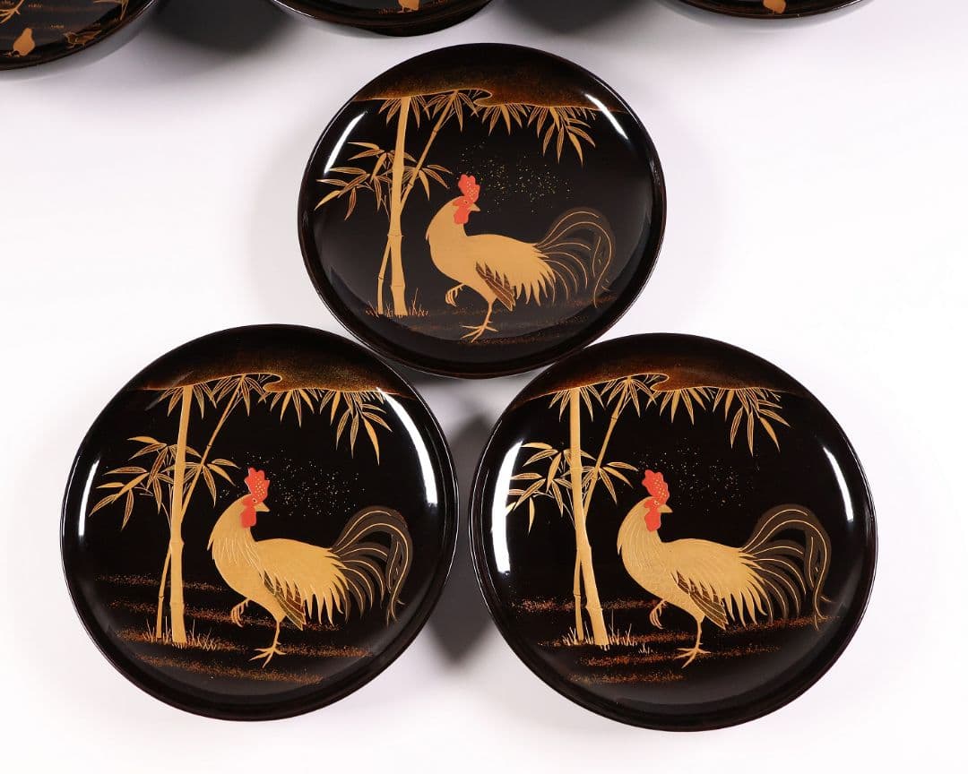 CM353】時代蒔絵椀 竹に鶏金蒔絵 平椀三客 木製 /(検) 輪島塗加賀能登