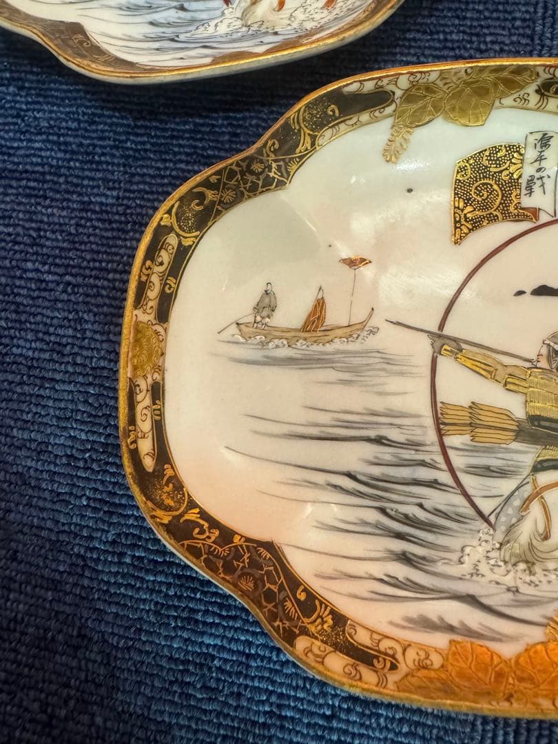 1819  明治時代　九谷焼　細密絵付人物山水図　菱形皿　5客　時代物