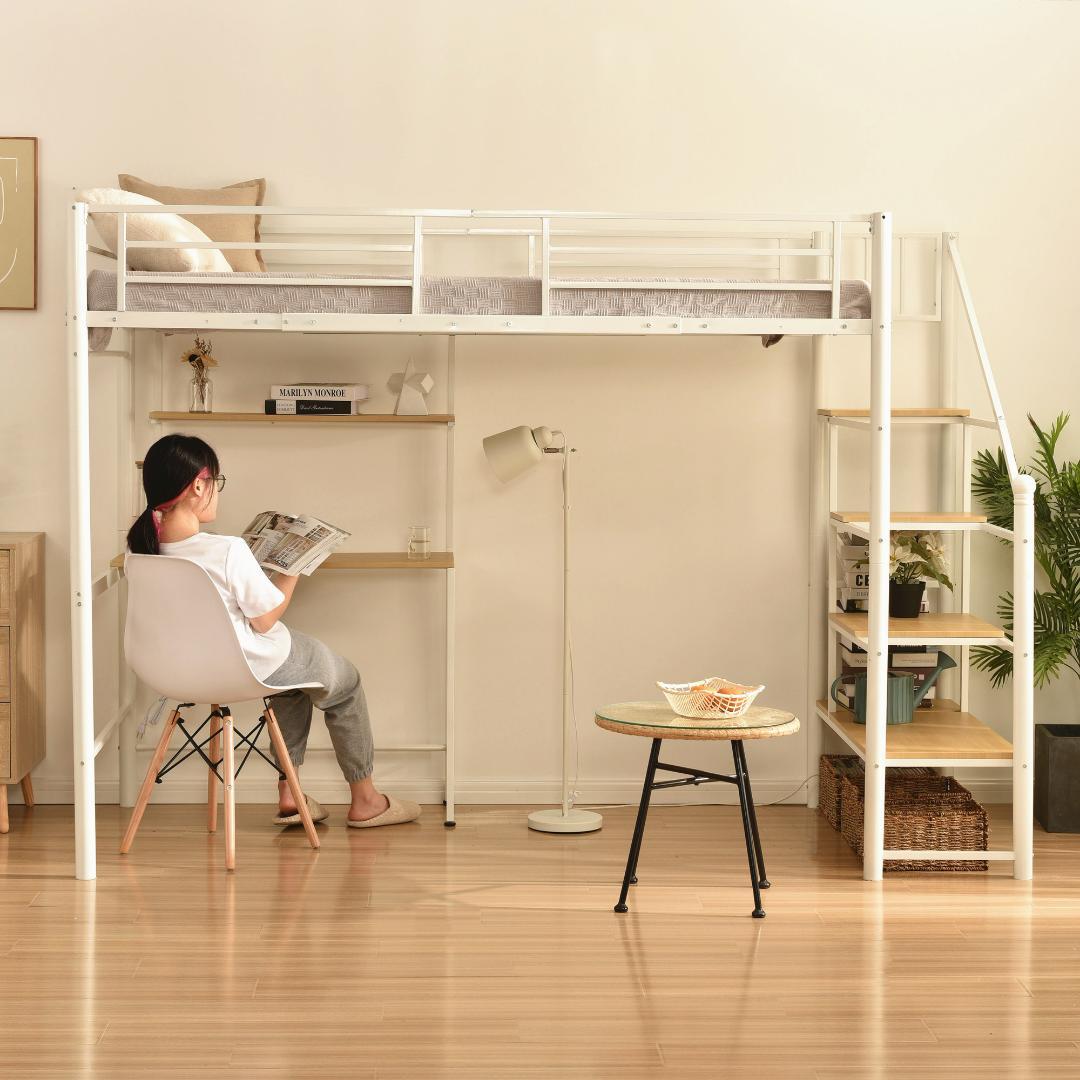 ロフトベッド シングル 階段付き パイプベッド 高さ170cm 耐荷重150kg