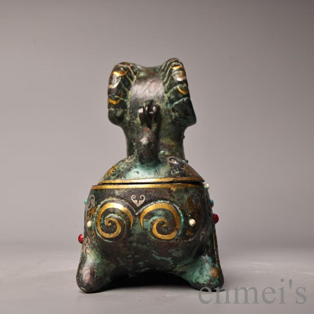 中国古美術 旧蔵『青銅 羊尊』金銀錯・宝石象嵌 青銅器 唐物 文房置物