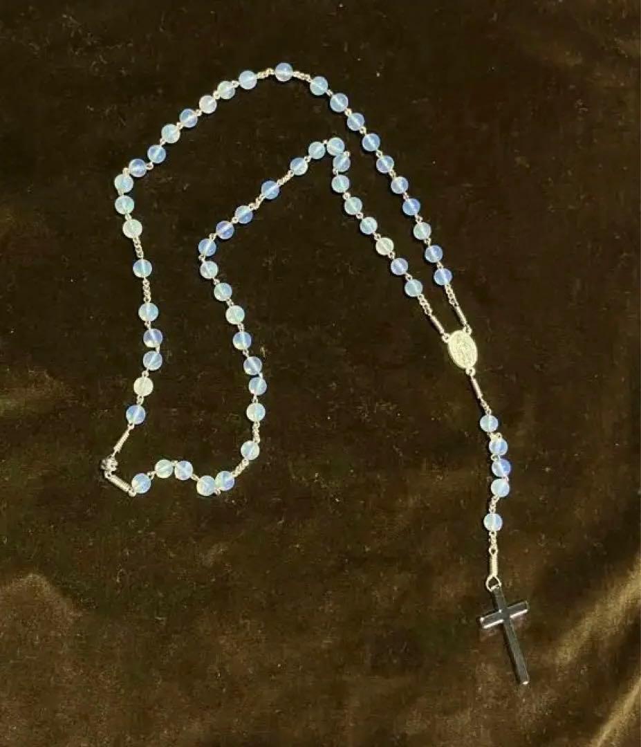 ロザリオネックレス　合成オパール　手編みロザリオ　長崎編み
