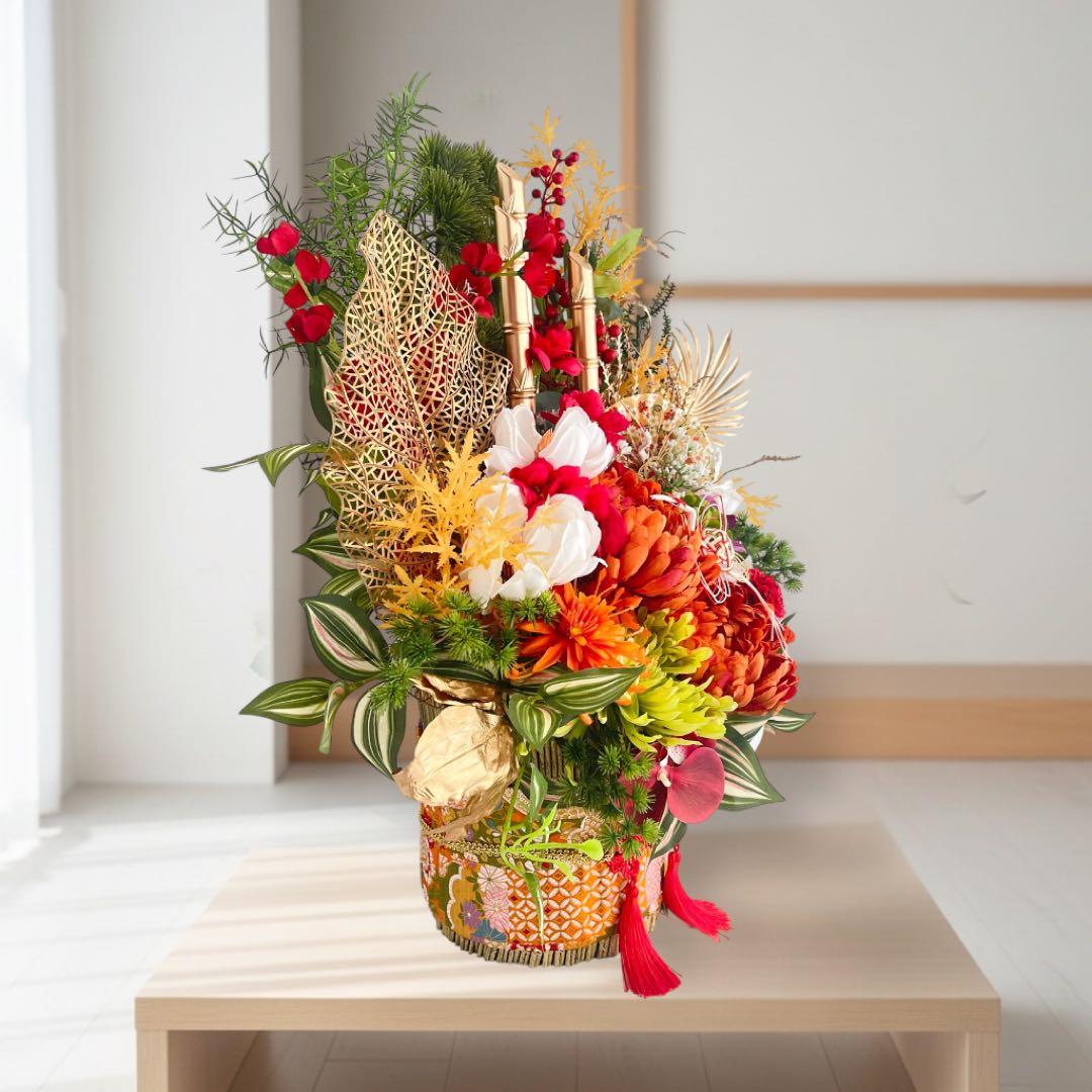 【特大サイズ 正月アレンジメント】 扇と松が描く迎春の華｜和モダン・豪華お正月