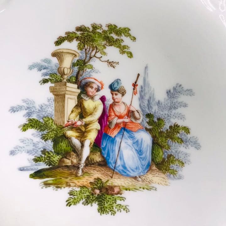 Meissen古マイセン/※美術館級 超レア1級品 ワトー上級4面絵付透かし皿B