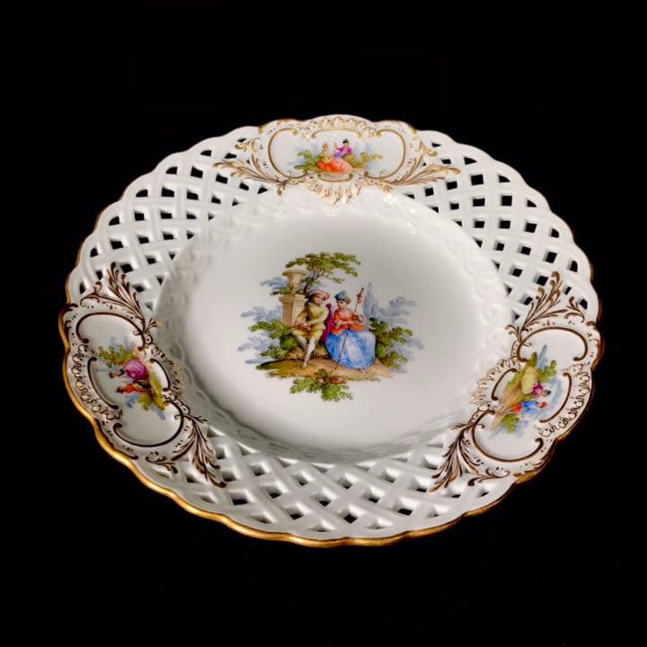 Meissen古マイセン/※美術館級 超レア1級品 ワトー上級4面絵付透かし皿B