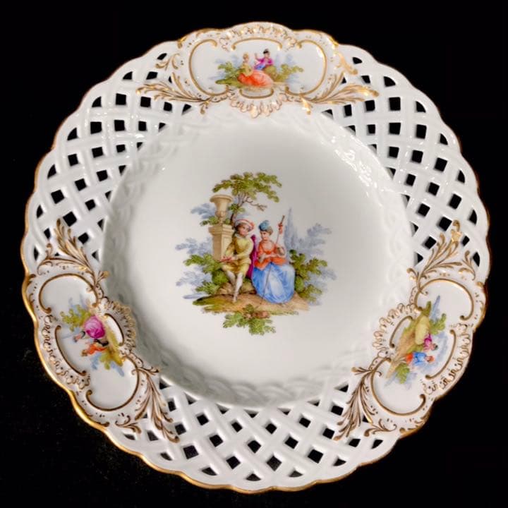 Meissen古マイセン/※美術館級 超レア1級品 ワトー上級4面絵付透かし皿B