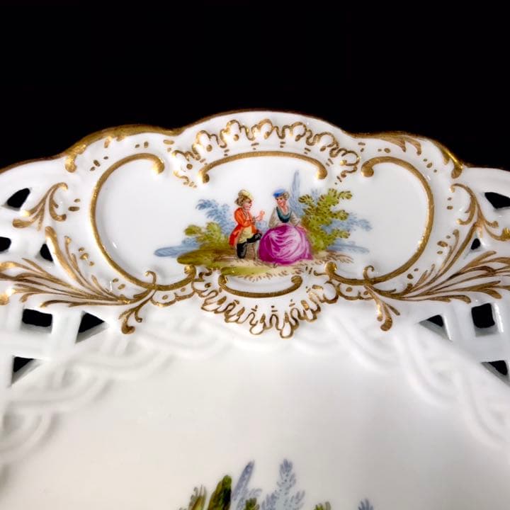 Meissen古マイセン/※美術館級 超レア1級品 ワトー上級4面絵付透かし皿B