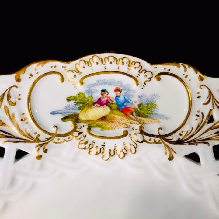 Meissen古マイセン/※美術館級 超レア1級品 ワトー上級4面絵付透かし皿B