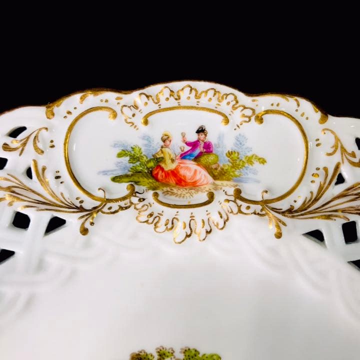 Meissen古マイセン/※美術館級 超レア1級品 ワトー上級4面絵付透かし皿B