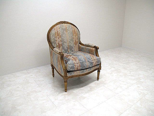 イタリア製　ロココ様式 クラシックアームチェア 　花柄ストライプ　1人掛けソファ
