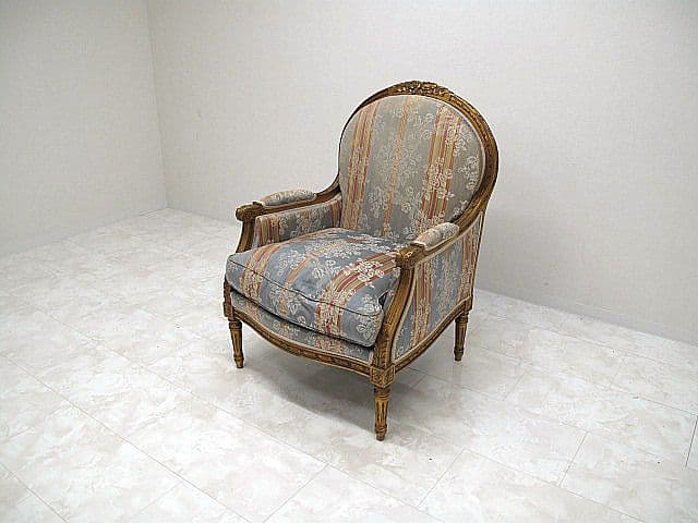 イタリア製　ロココ様式 クラシックアームチェア 　花柄ストライプ　1人掛けソファ