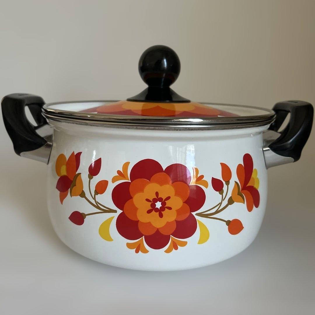 未使用 マルビシ 昭和レトロ フラワー柄　ホーロー両手鍋