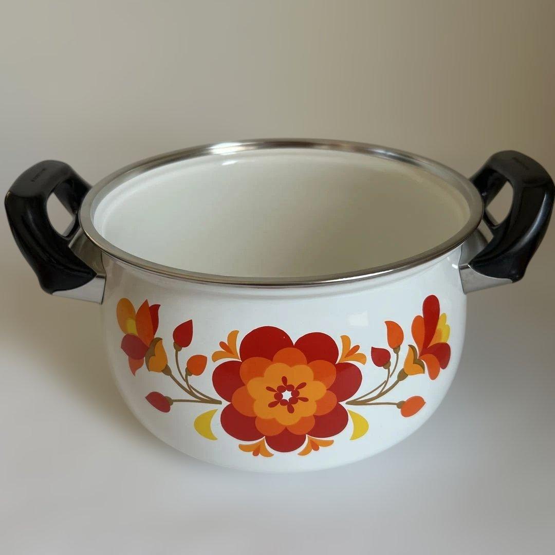 未使用 マルビシ 昭和レトロ フラワー柄　ホーロー両手鍋