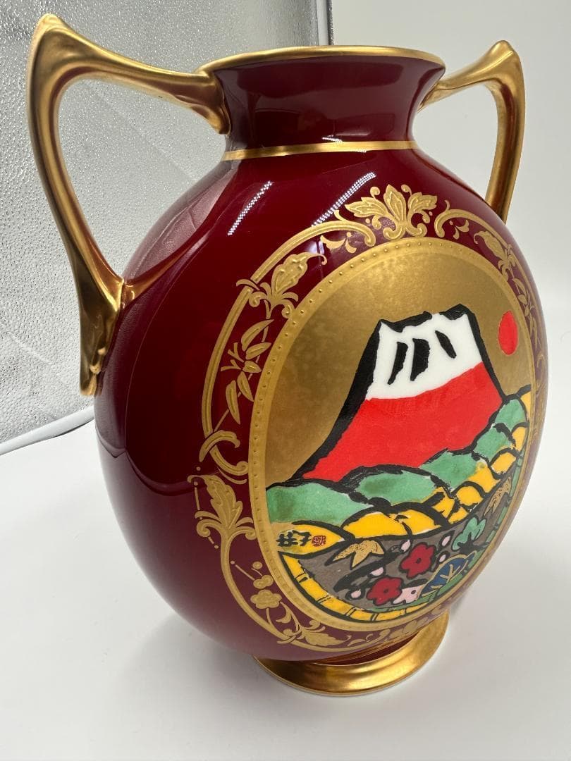 【中古美品】ノリタケ 片岡球子 辰砂飾り壷「めでたき富士」 松坂屋150本限定