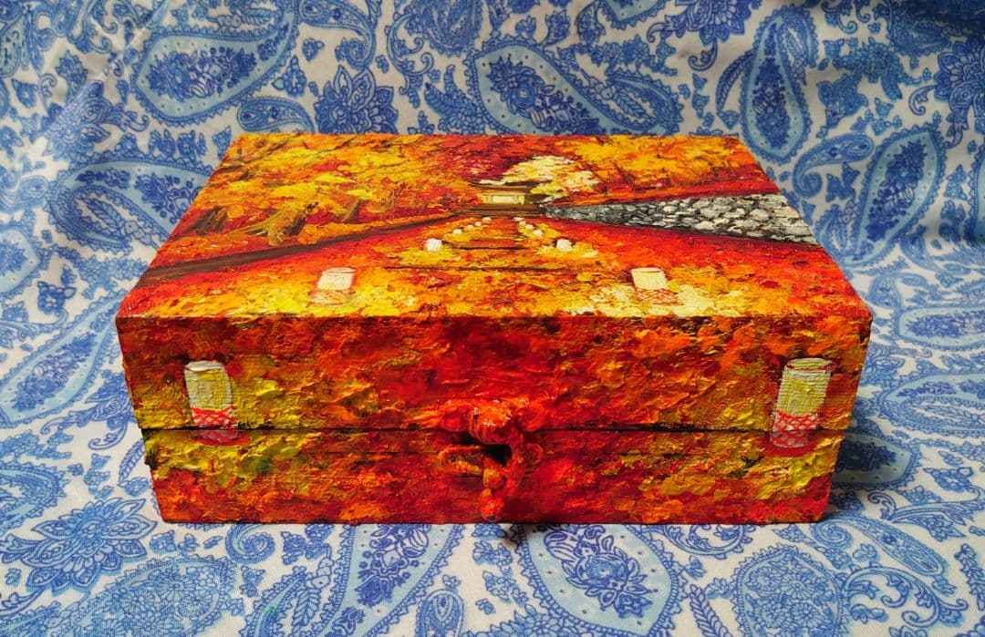 北欧風 油絵 絵画「紅葉ボックス」モダンアート 玄関やリビングに