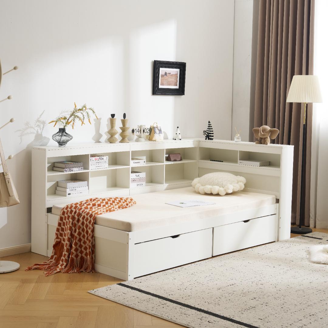 タイムセール！新作システムベッド【Ｓシングル】　引き出し・ラック付　きWHITE