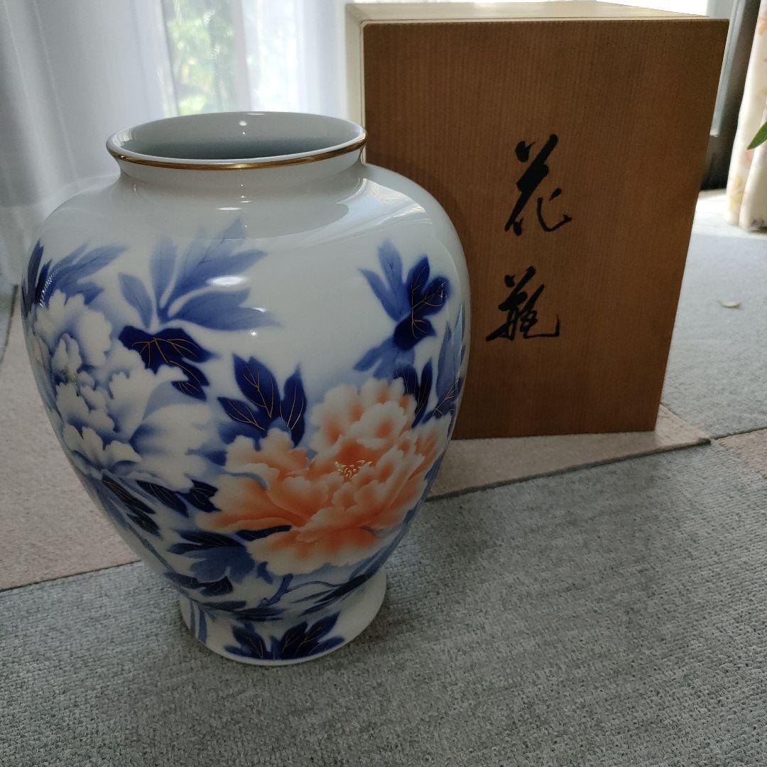 宮内庁御用達 深川製磁 金彩花生 紅白牡丹 花瓶 フラワーベース 壺【美
