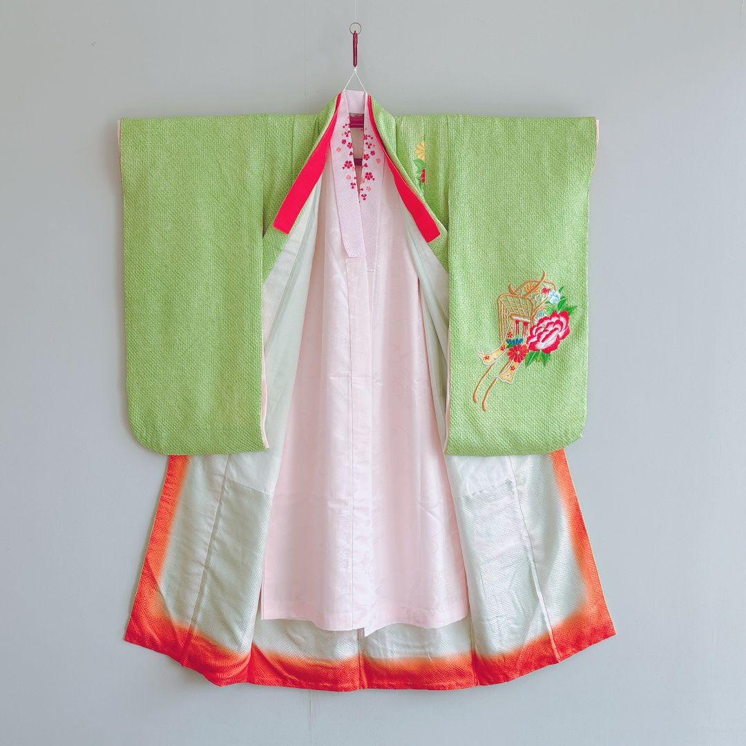 フルセット　七五三７歳女の子　総絞り　黄緑　豪華刺繍　赤丸帯　菊　小物7062