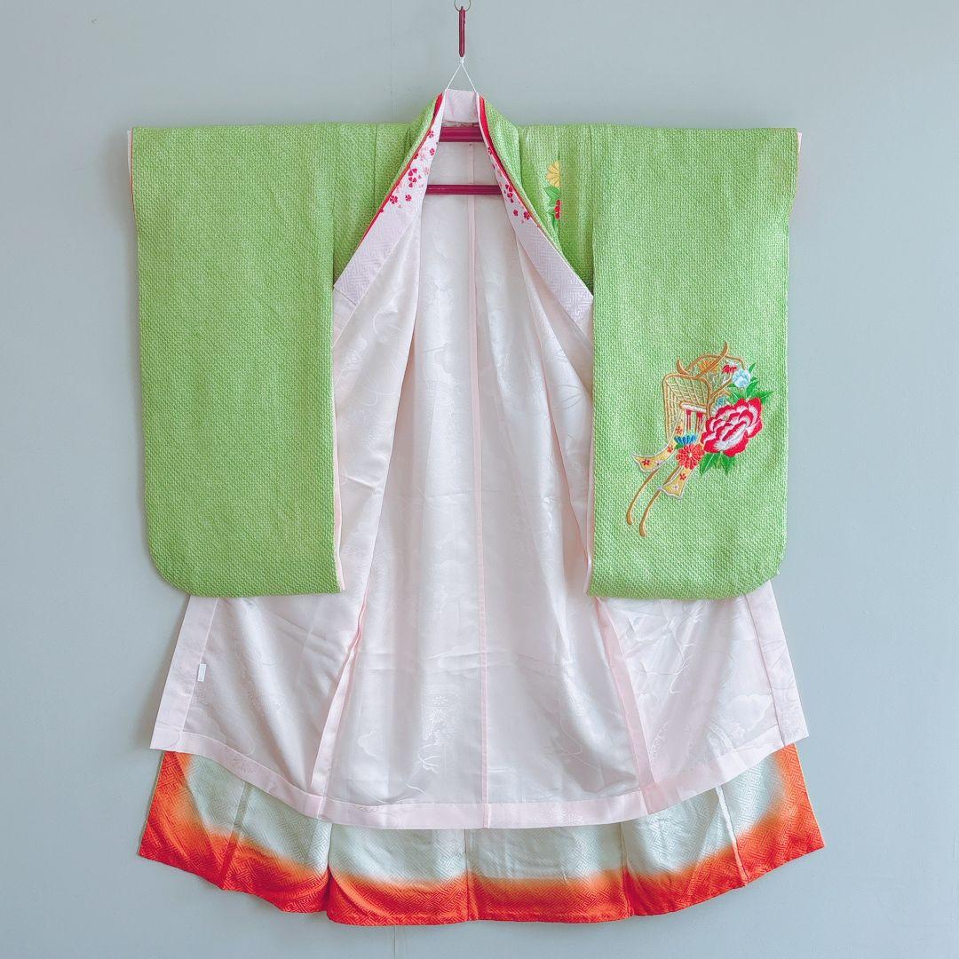 フルセット　七五三７歳女の子　総絞り　黄緑　豪華刺繍　赤丸帯　菊　小物7062