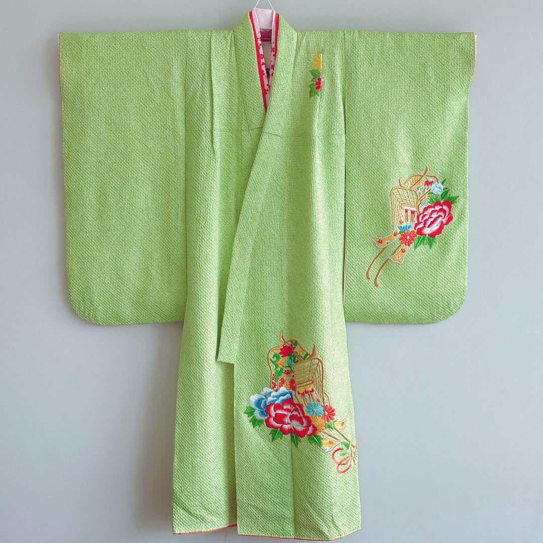 フルセット　七五三７歳女の子　総絞り　黄緑　豪華刺繍　赤丸帯　菊　小物7062