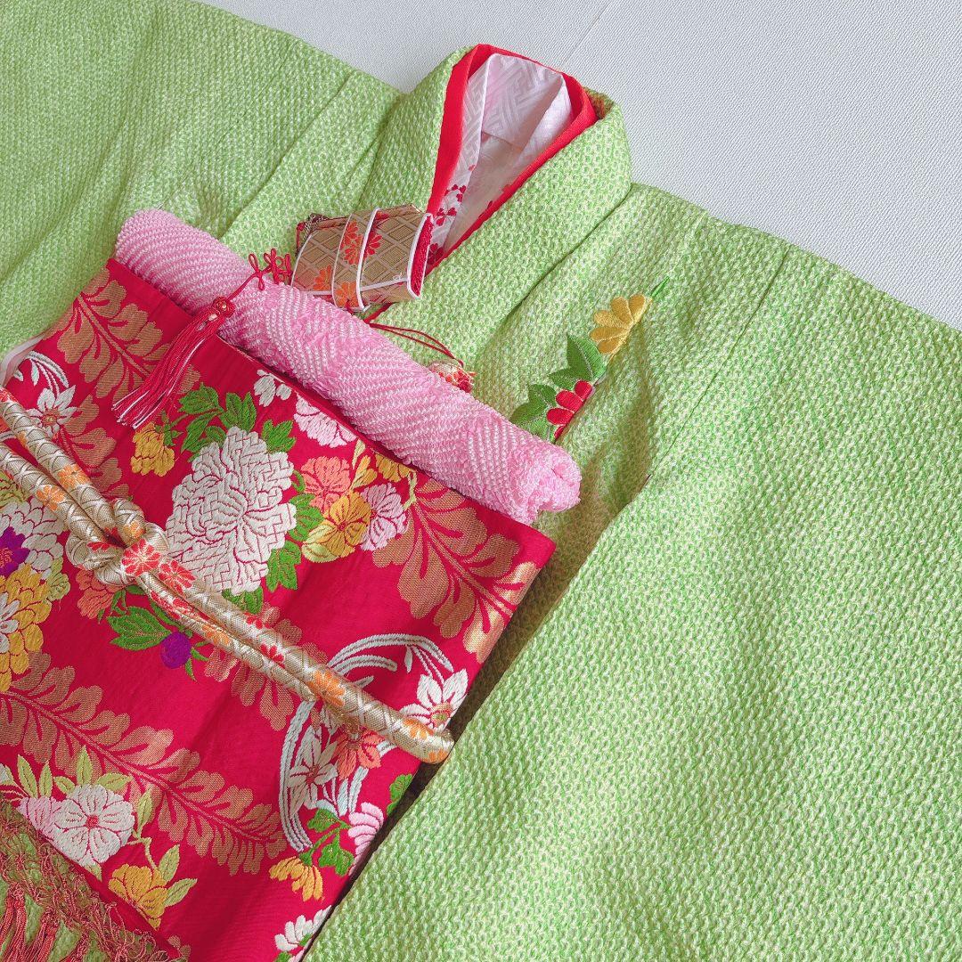フルセット　七五三７歳女の子　総絞り　黄緑　豪華刺繍　赤丸帯　菊　小物7062