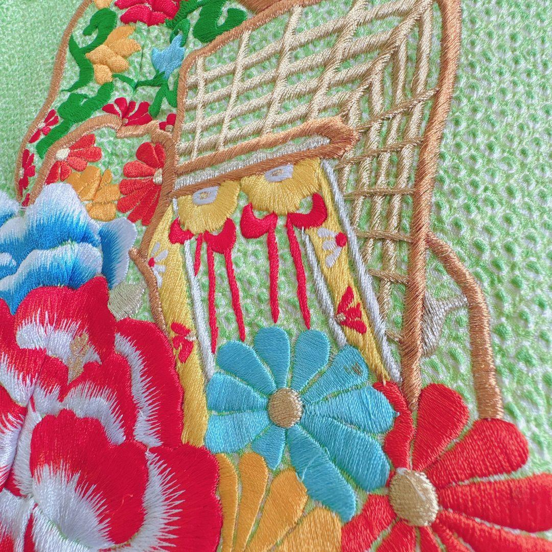フルセット　七五三７歳女の子　総絞り　黄緑　豪華刺繍　赤丸帯　菊　小物7062