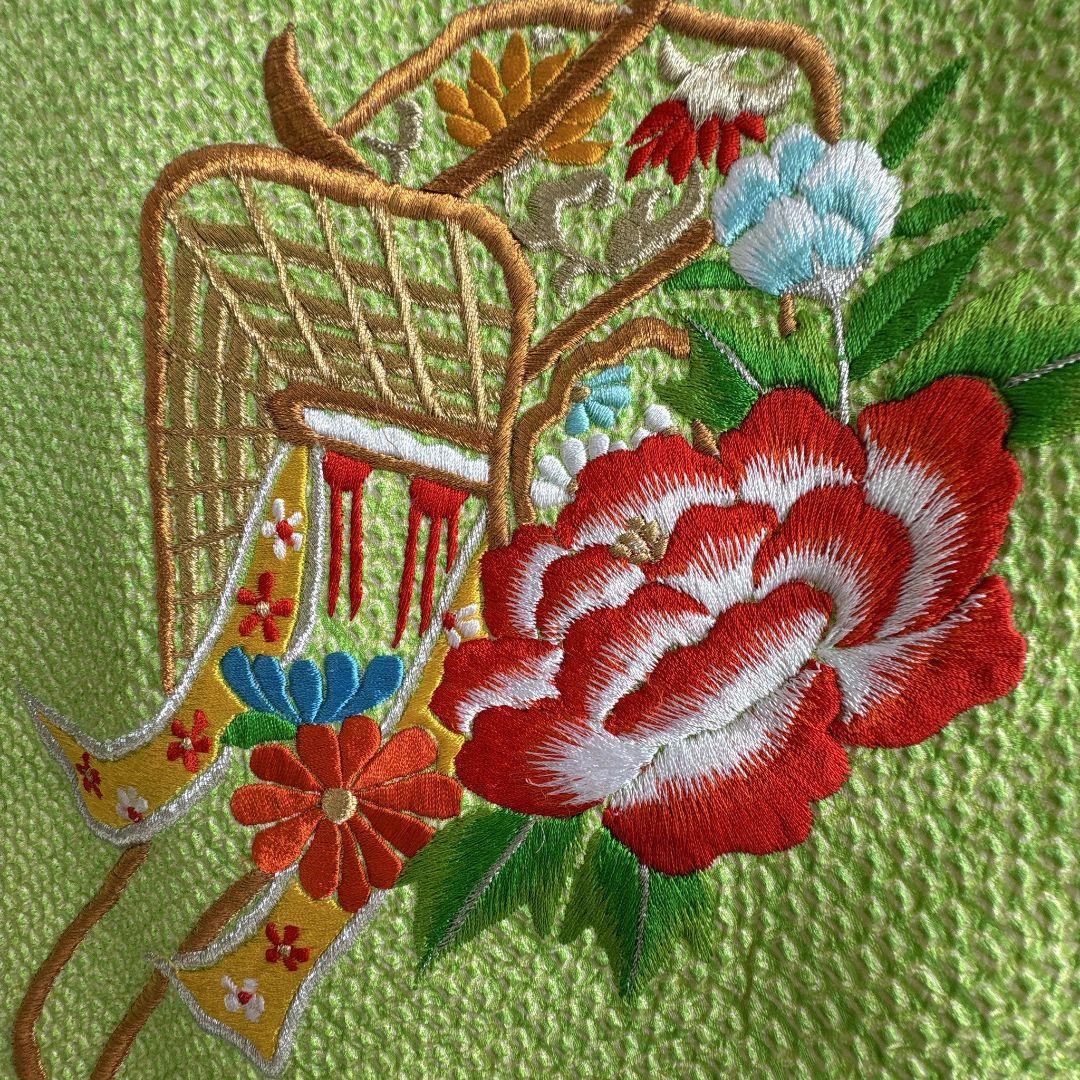 フルセット　七五三７歳女の子　総絞り　黄緑　豪華刺繍　赤丸帯　菊　小物7062