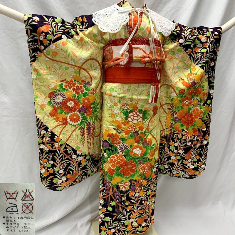 602ag15□七五三 七歳 女児 着物&袋帯 総柄 花車 花くす玉□美品