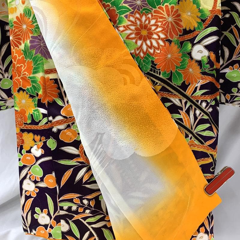 602ag15□七五三 七歳 女児 着物&袋帯 総柄 花車 花くす玉□美品