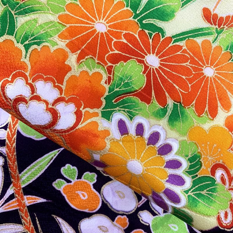 602ag15□七五三 七歳 女児 着物&袋帯 総柄 花車 花くす玉□美品