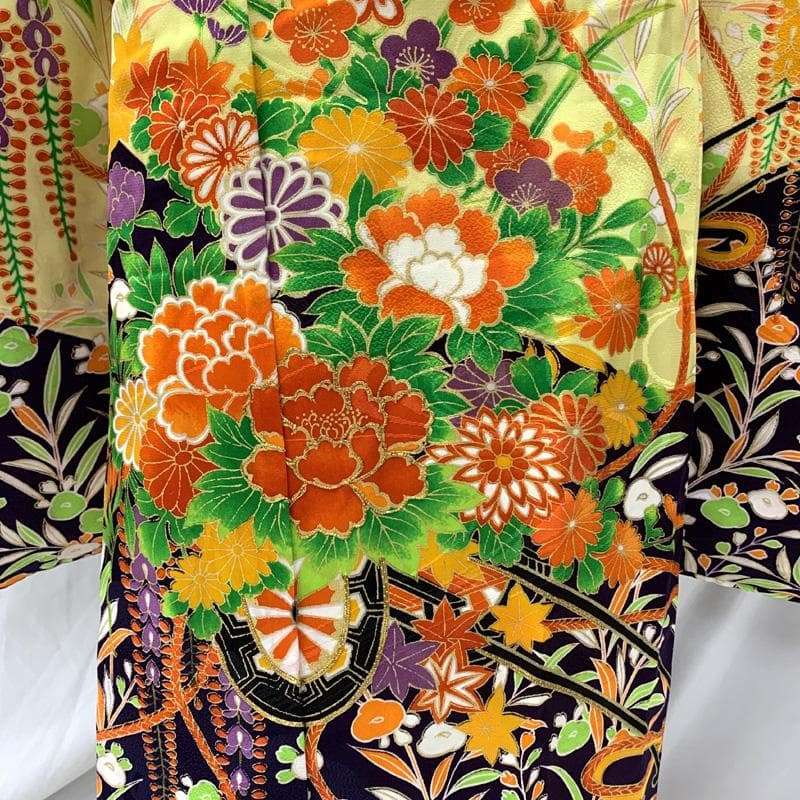 602ag15□七五三 七歳 女児 着物&袋帯 総柄 花車 花くす玉□美品