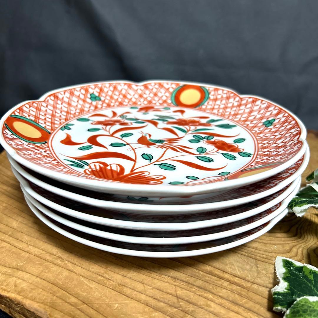 新品 平安橘吉 たち吉 呉須赤絵 花鳥絵図 金彩丸紋 輪花中皿 和皿 銘々