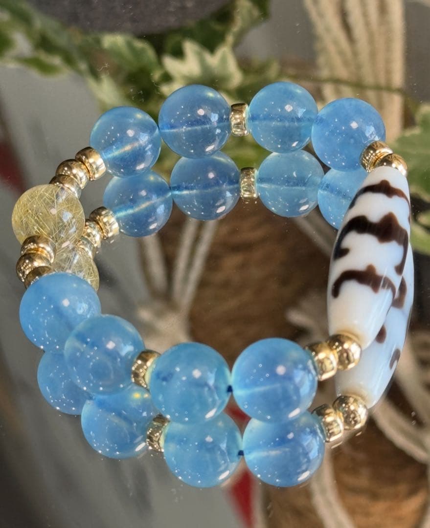 美品　アクアマリン　高品質　天珠　ルチルクォーツ　五福臨門天珠　ブレスレット