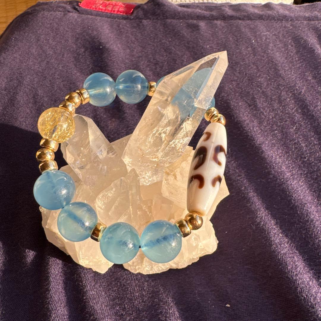 美品　アクアマリン　高品質　天珠　ルチルクォーツ　五福臨門天珠　ブレスレット