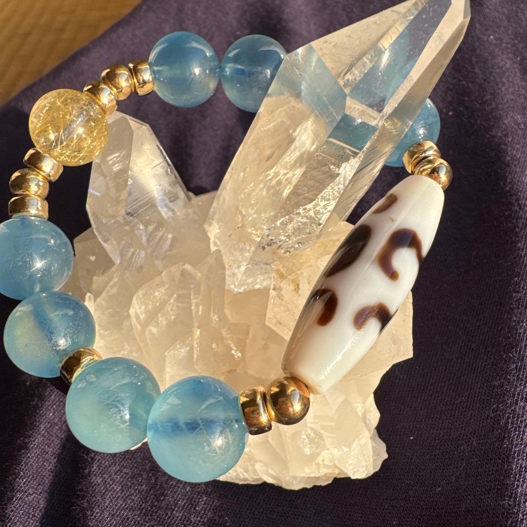 美品　アクアマリン　高品質　天珠　ルチルクォーツ　五福臨門天珠　ブレスレット