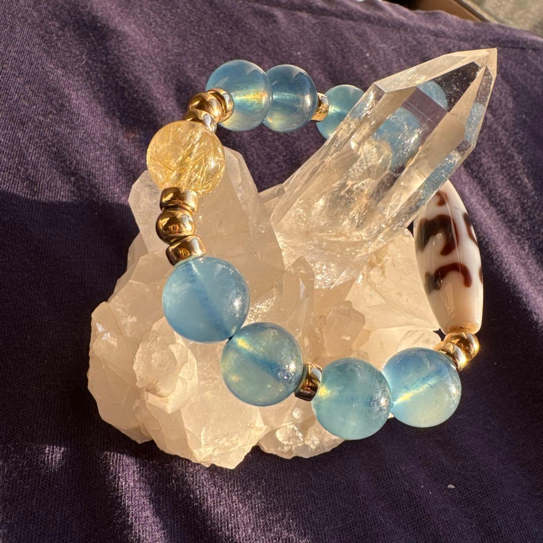 美品　アクアマリン　高品質　天珠　ルチルクォーツ　五福臨門天珠　ブレスレット