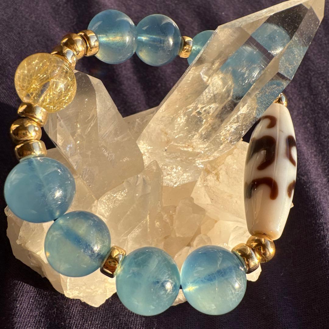 美品　アクアマリン　高品質　天珠　ルチルクォーツ　五福臨門天珠　ブレスレット