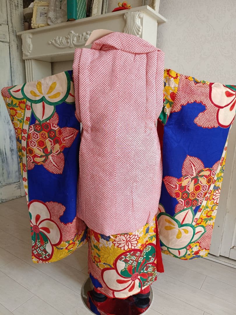 専用です☆アンティーク青に捻り梅の着物と作り帯のセット☆七五三3歳