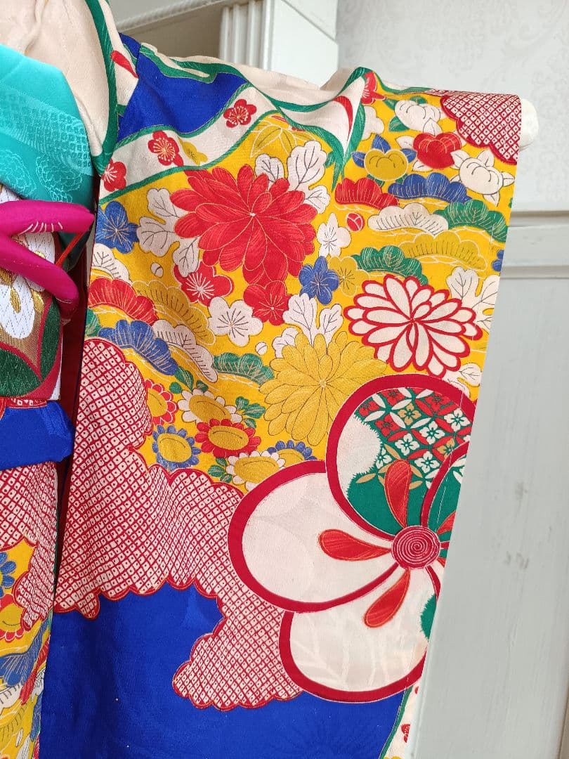 専用です☆アンティーク青に捻り梅の着物と作り帯のセット☆七五三3歳