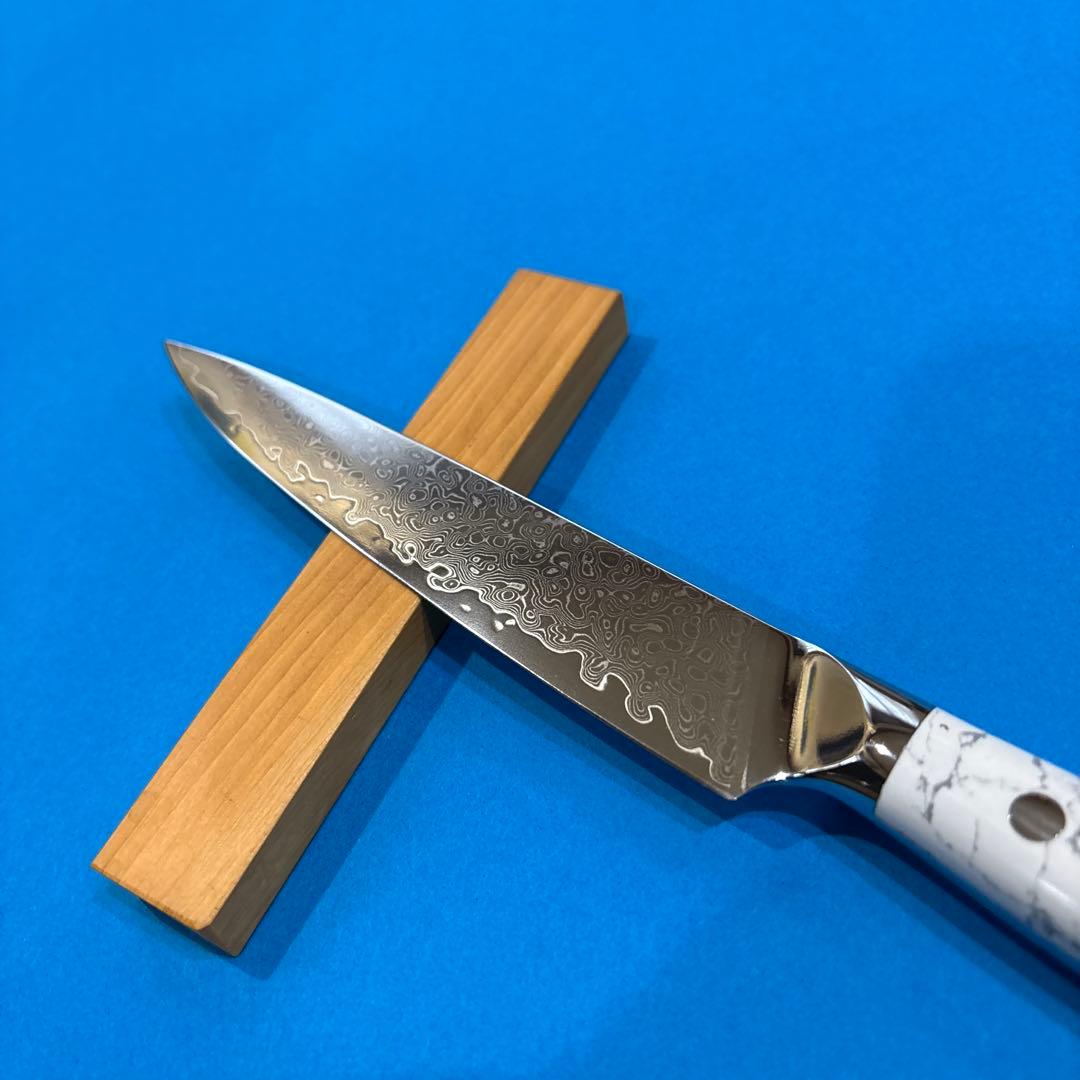 V10ダマスカスぺティナイフ ホワイトターコイズハンドル