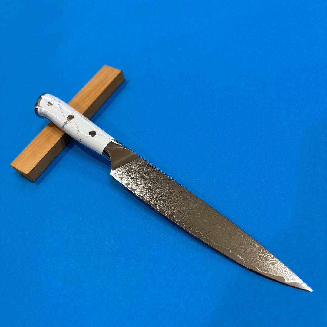V10ダマスカスぺティナイフ ホワイトターコイズハンドル